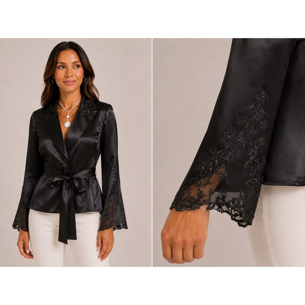 Cache Black Lace Satin Beaded Embroidery Top Jacket New Self Belt NWT $228